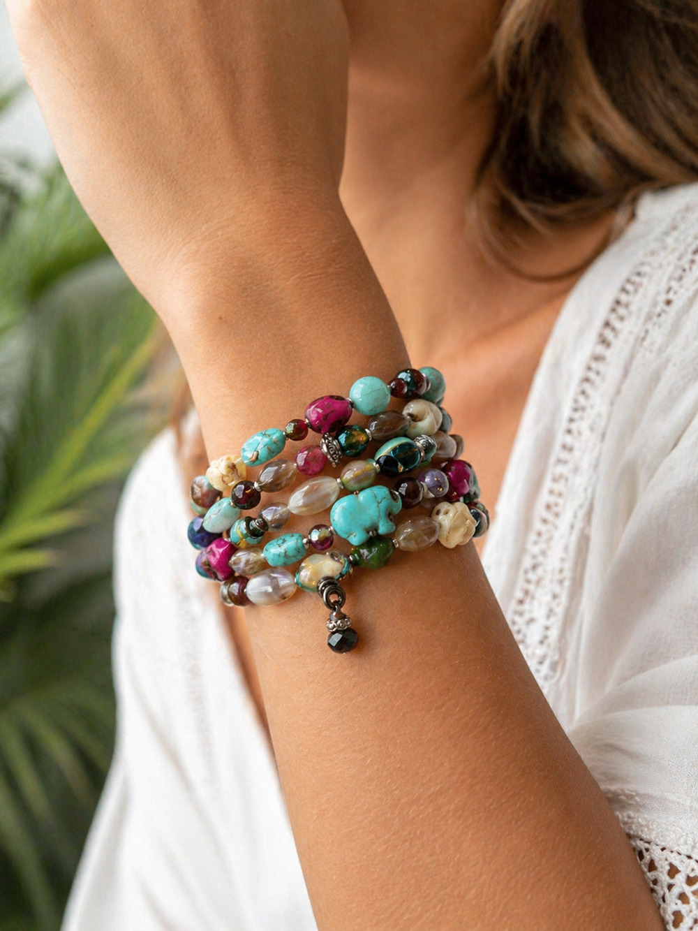 Boho Multicolored Beaded Coil Wrap Bracelet Elephant Charm Southwestern Style